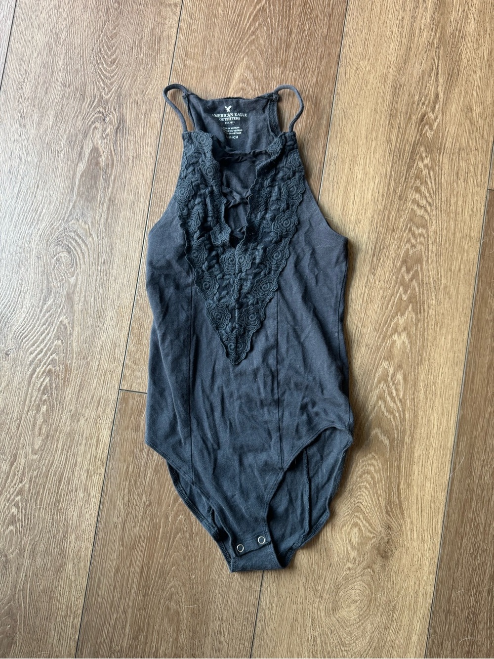 American Eagle Outfitters Black Lace-Front Ribbed Bodysuit